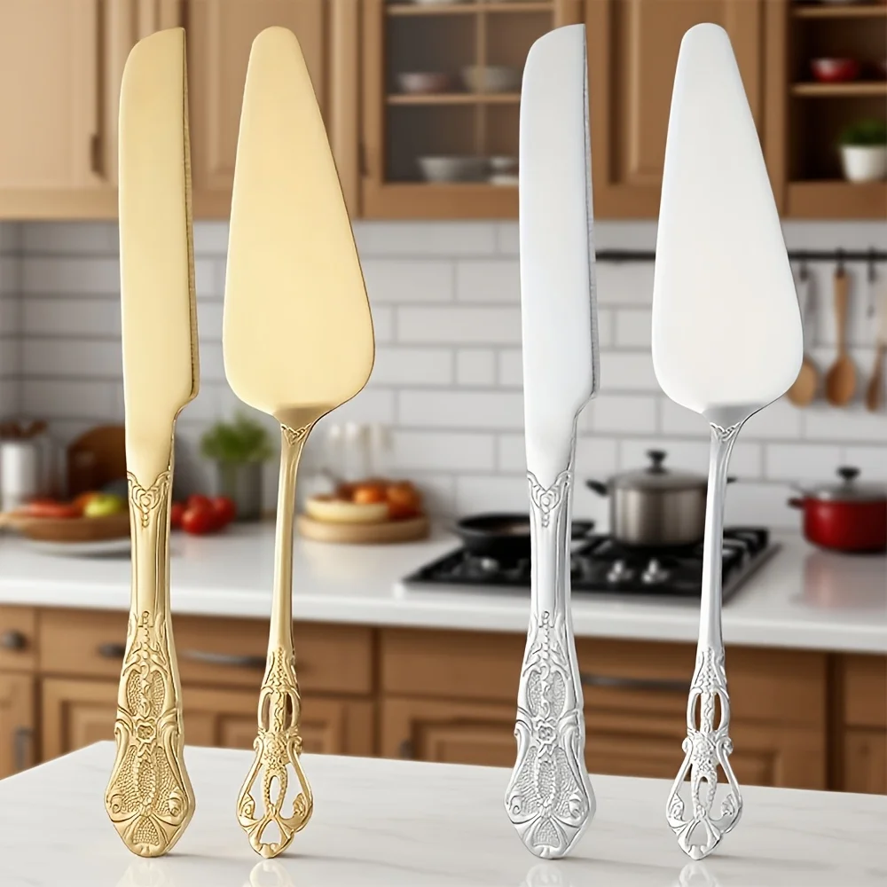 2pcs Vintage Palace Stainless Steel Bread Knife and Cake Spatula Set, Carved Hollow Design Elegant Cake Server for Parties