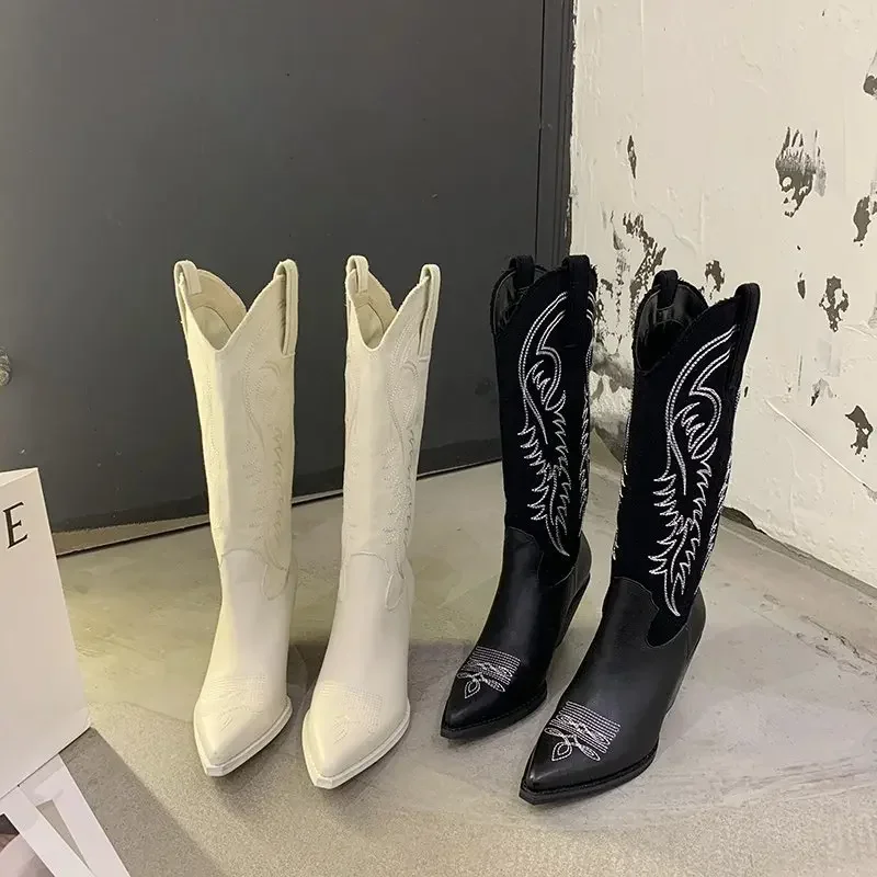 

white cowboy boots retro net red thin pointed high barrel Knight boots thick heel boots women's knee length