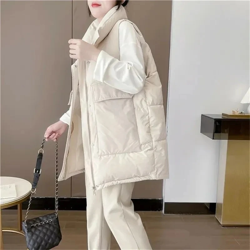 2024 New Women's Vest Jacket Down Cotton Vest Autumn Winter Thicken Loose Long Coat Female Sleeveless Coat Snow Wear Waistcoat