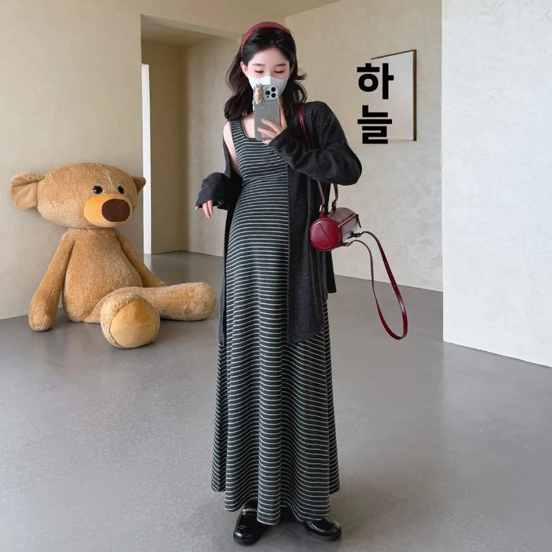 봄 패션 임산부용 긴팔 오픈 가디건 드레스 투피스 세트 슬리밍 레이지 스타일 한국 버전 임부복