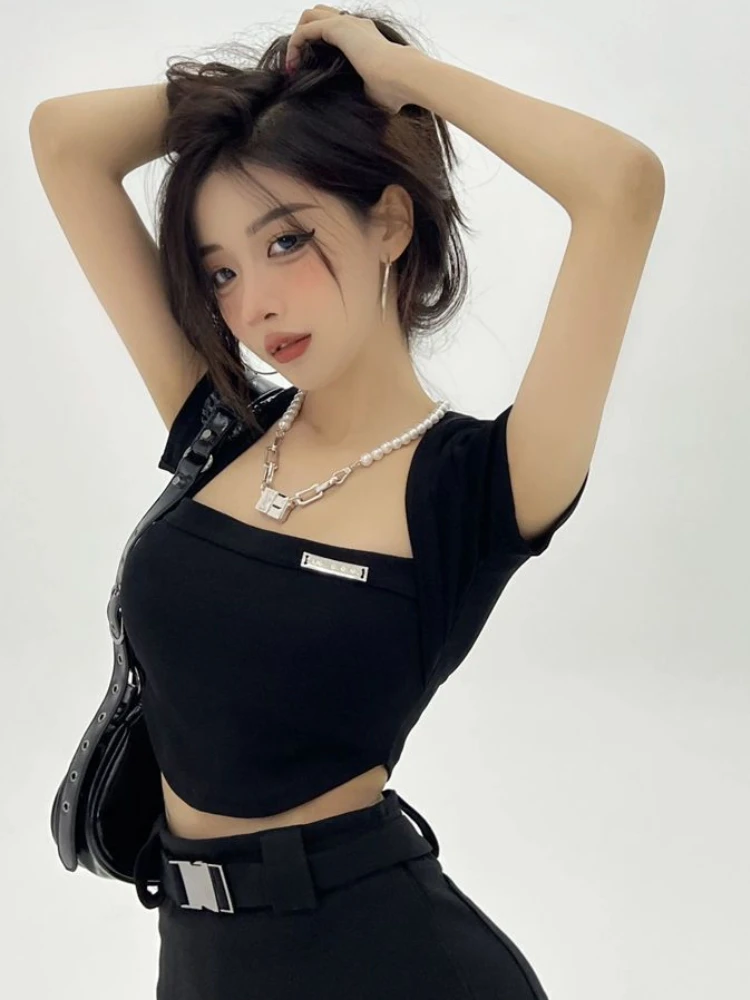 

Deeptown Korean Fashion Kpop Streetwear Crop Tshirts 2023 Sexy Solid Slim Crop Tops Basic Y2k Harajuku Square Collar Tees Summer