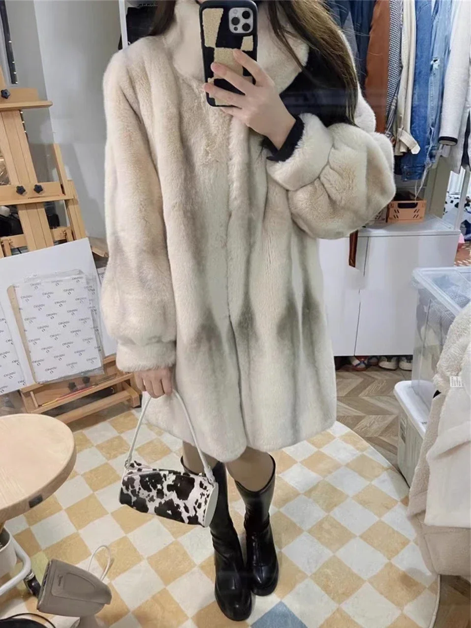 Retro Cross Mink Environmental Protection Fur Coat Female Winter Fur Integrated High Sense Faux Furry Long Below The Knee Jacket