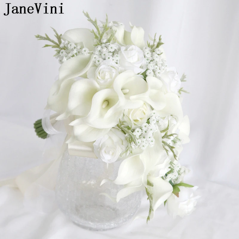 Artificial Calla Lily Wedding Bouquet Waterfall Style Silk Roses Florist Cascading Bridal Bouquet