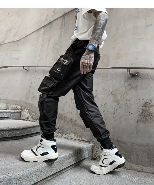 Men's Jogger Sweatpants With Zipper Pockets - Hip Hop Harem Style, Elastic Waist, Black, Large