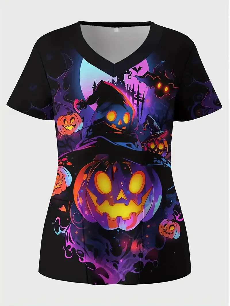 Halloween Chirurgische Uniformen Frau Cartoon Print Fashions Krankenschwester Casual V-ausschnitt Kurzarm Patch Wettbewerb Klinische Uniform Frau