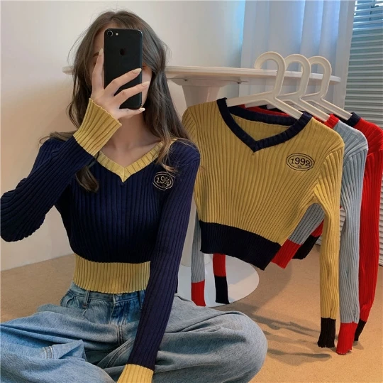 

Sport 2022 Short Pullover Girl Woman Women Sweater V-Neck Knit Tops Tight Women's Sweaters Fall Spring Top Coat Cloth Suétere