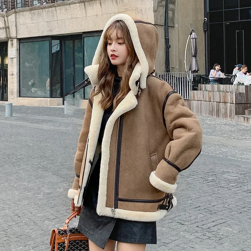 

Fur Real Coat Women Thickened Warm Removable Hooded Winter Lambswool Jacket Luxury Merino Sheep Moto&Biker Outerwear