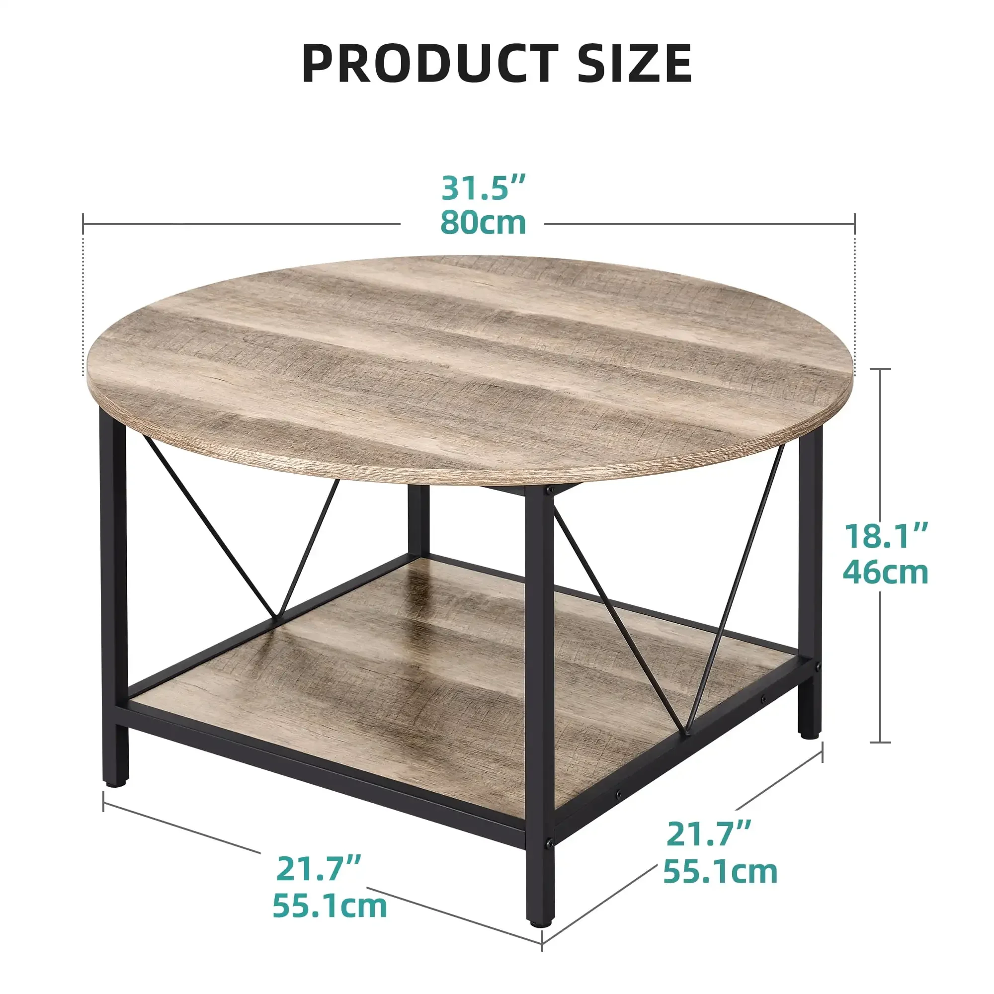 Round Coffee Table with Storage, Rustic Living Room Tables with Sturdy Metal Legs, OAK 6