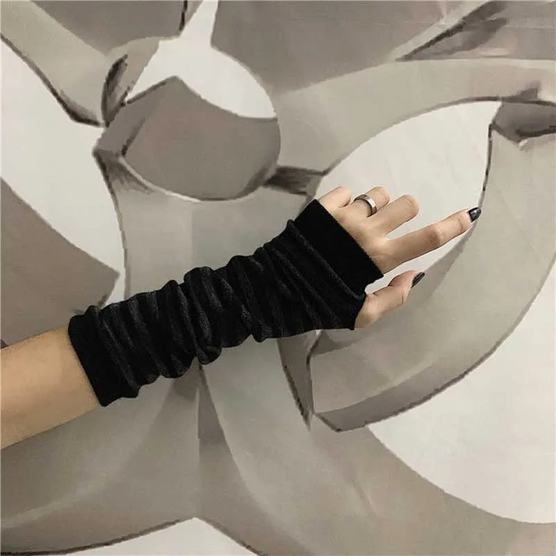 Fingerless Gloves Black Punk Long Fingerless Gloves Cuff For Women Men Sport Outdoor Gloves Elbow Mittens Cool Stretch Arm Warmer Y2k Accessories