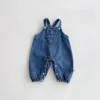 Baby denim overalls, one-piece jeans with large pockets and rabbit ears for outdoor casual wear