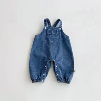 Baby denim overalls, one-piece jeans with large pockets and rabbit ears for outdoor casual wear