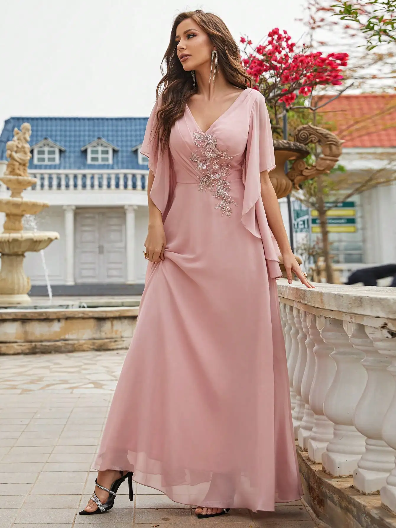 Unithorse Pearls Detail Butterfly Sleeve Chiffon Bridesmaid Dress 3