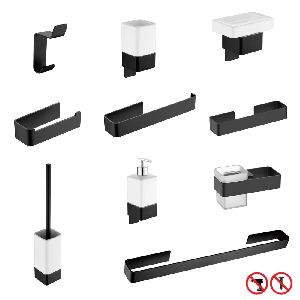 Aluminum Bathroom Accessories Sets Black Paper Roll Holder Toilet Brush Holder Towel Robe Hook Tumbler Free Punch toilet paper holder,adhesive hook,towel hook,bathroom hardware set,bathroom hardware accessories,clothes hook