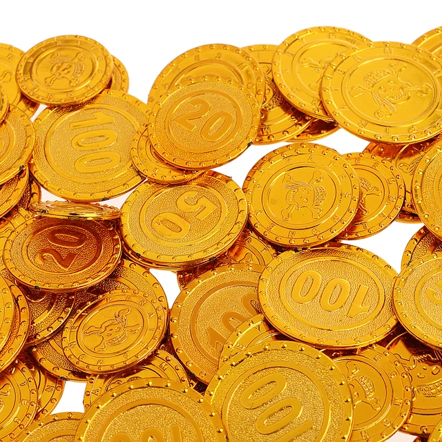 100x Plastic Treasure Pirate Coins Chest Pinata Play Money Coin for Birthday Party Loots 6