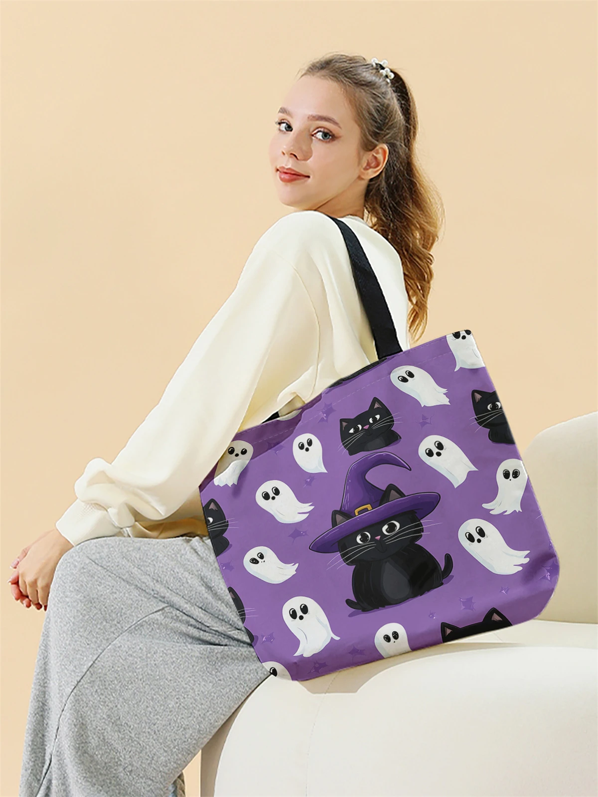 Halloween printed handbag, reusable fashionable handbag, multifunctional handbag, printed canvas shopping bag