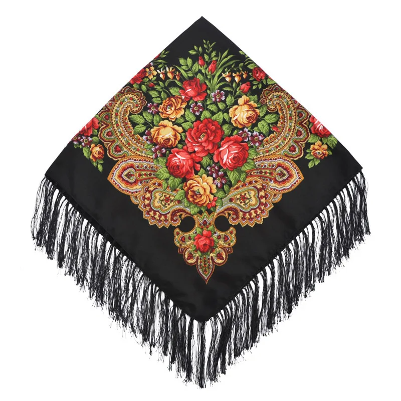 

115*115cm Russian National Square Scarf Women Luxury Floral Print Ukrainian Fringed Shawl Babushka Handkerchief Head Wraps