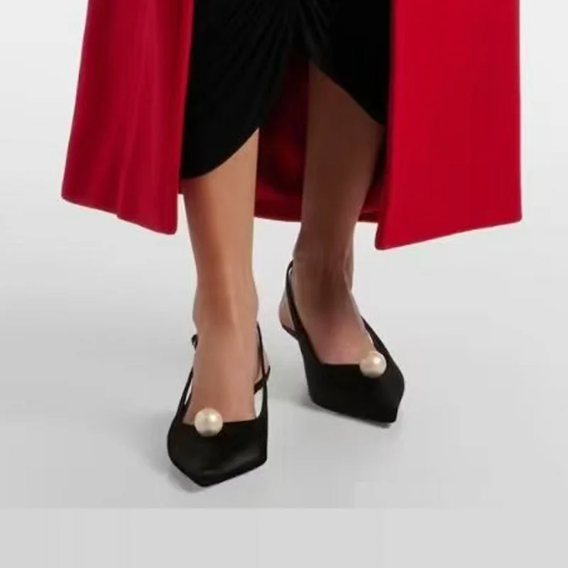 New Sexy Women Kitten Heels Pumps Shoes Sandals Slingbacks Satin Pointed Toe Party Wedding Pearls Shoe Office Black 34-45
