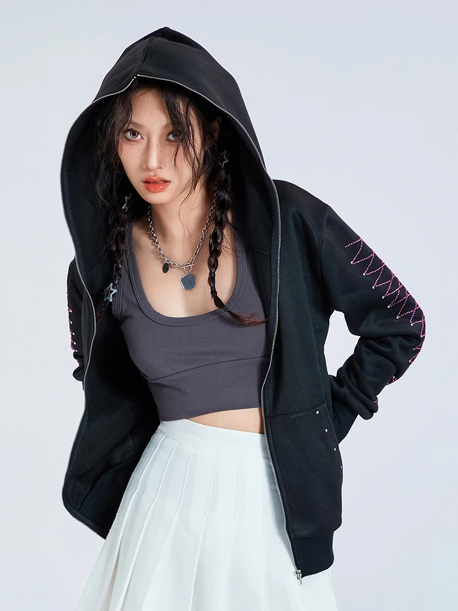 

Y2k Skeleton Zip Up Hoodies Women Men Rhinestone Skull Graphic Print Embroidery Sweatshirt Gothic Oversized Jackets