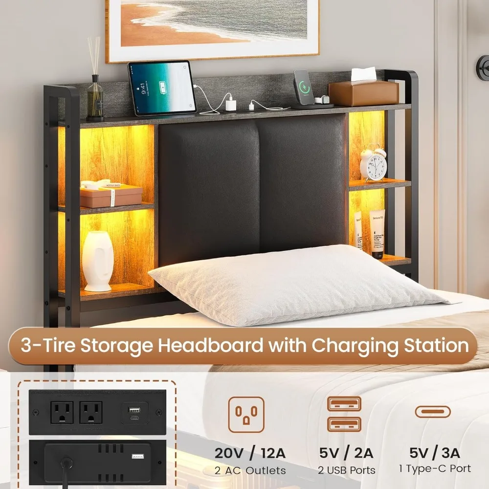 Twin Bed Frames with Headboard and 2 Storage Drawers, Twin Bed Frame with Charging Station and Led Lights,No Box Spring Needed 3