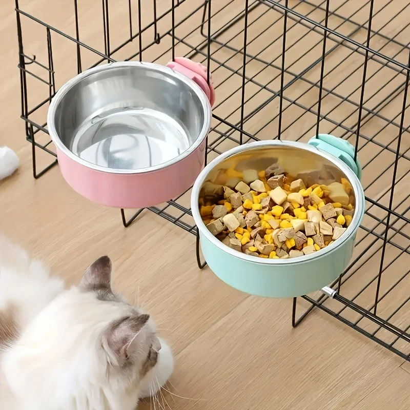 Anti-overturning Fixed Hanging Dog Bowl for Dog Cat Cage Stainless Steel Drinking Bowl 2-in -1 Adjustable Pet Bowl Food & Water