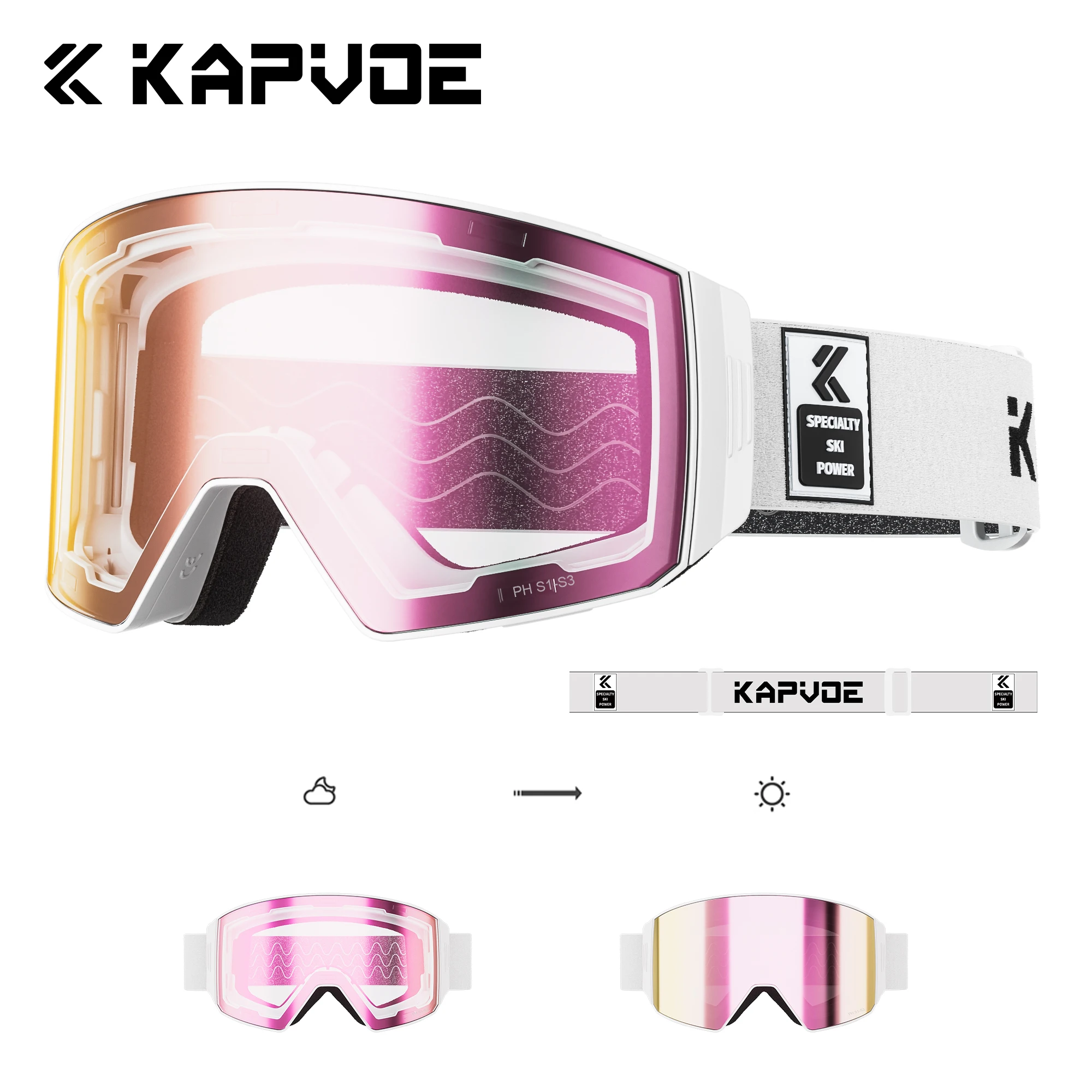 Kapvoe Photochromic Snow Goggles Ski Magnetic Anti-Fog Lenses UV400 Protection Men Women Ski Goggles Sunglasses Sports Eyewear