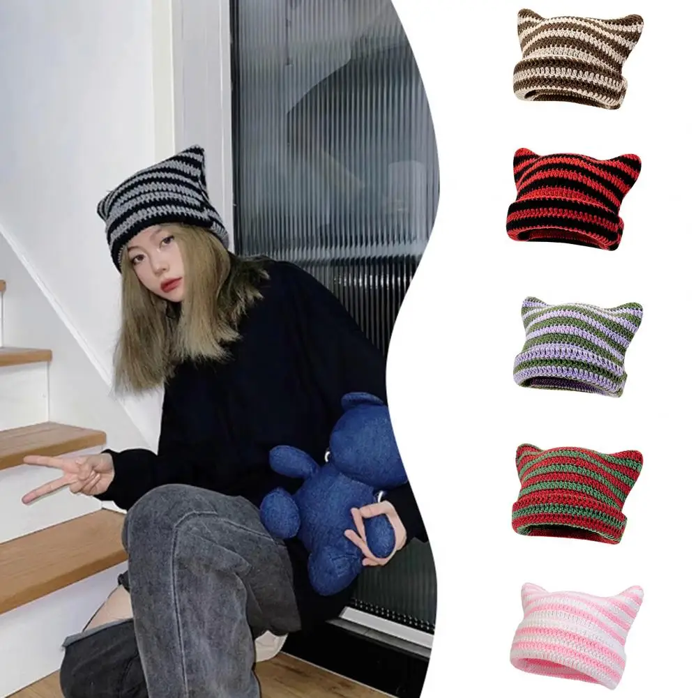 

Women Knitted Hat Kitty Ears Striped High Elasticity Anti-slip Soft Thick Warm Windproof No Brim Winter Beanie Cap