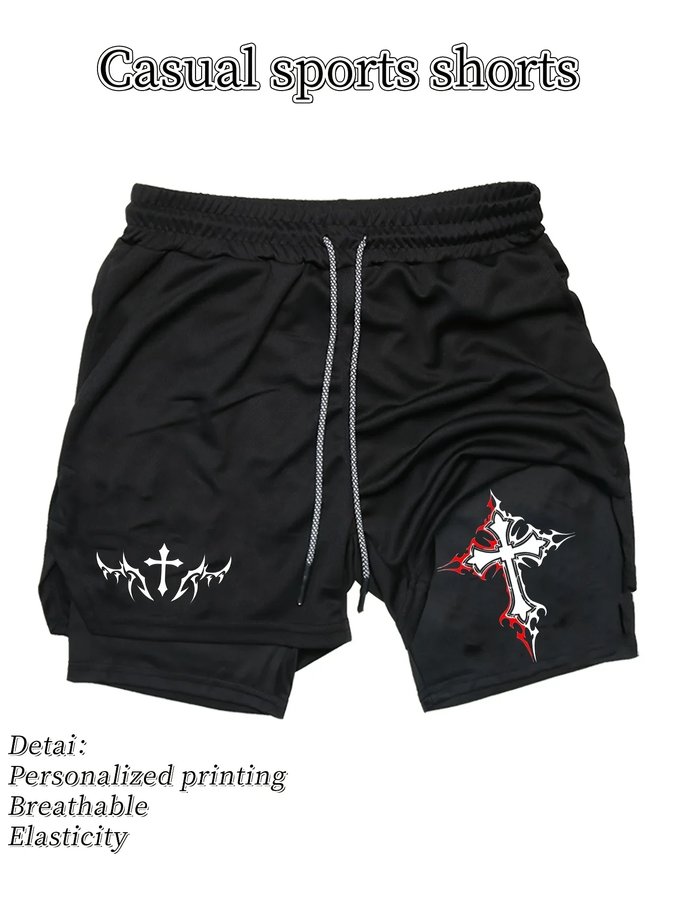 Schnell trocknende Sportshorts für Herren, atmungsaktive, feuchtigkeitsableitende Fitnessstudio-Trainingsshorts mit elastischem Bund und Kordelzug, doppellagiges Design