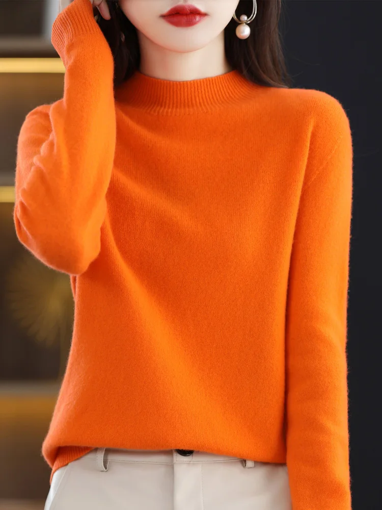 Aliselect High Quality Autumn Winter 100% Merino Wool Sweater Mock-Neck Long Sleeve  Women Knitted Basic Pullover Clothing Tops