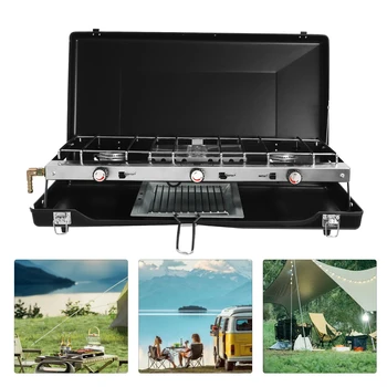 3-Burner Gas Camping Stove, Portable Camping Cooking Stove with Regulator, Outdoor Gas Stove for Car Camping BBQ 1