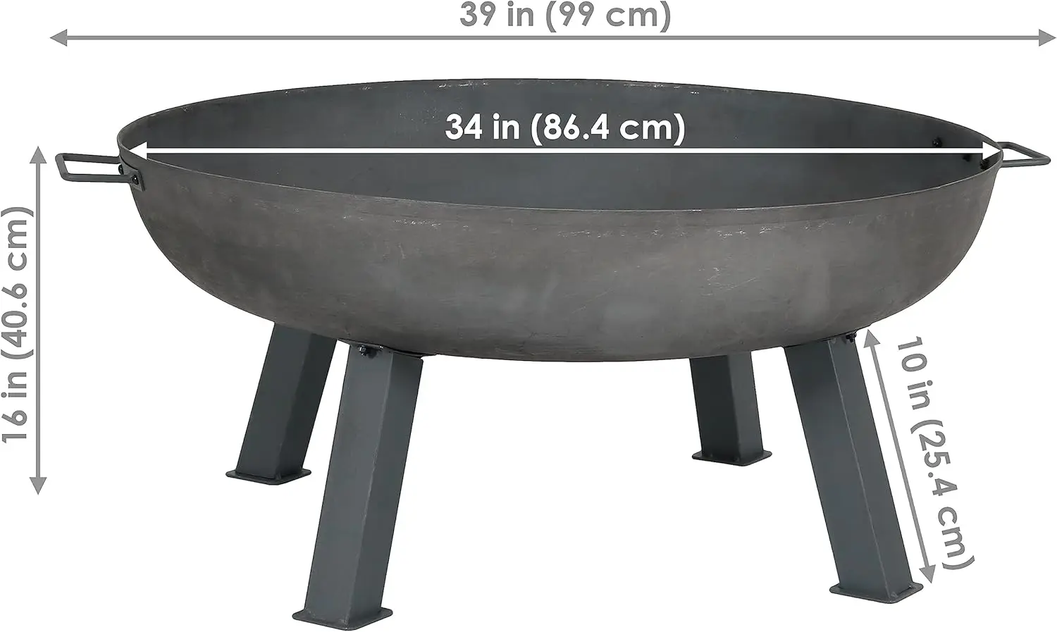 34-Inch Rustic Cast Iron Outdoor Raised Fire Pit Bowl with Handles - Steel Finish 34"D x 34"W x 16"H