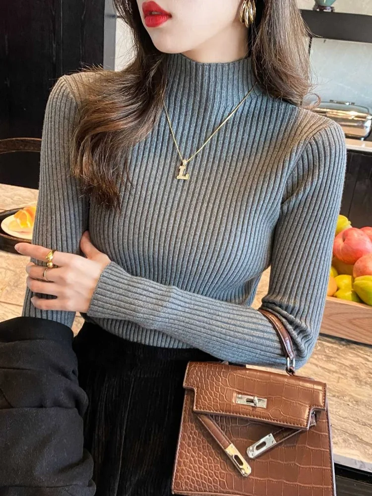 Autumn and Winter New Women's Semi-turtleneck Long-sleeved Sweater Solid Color Elegant Knitwear Thin Bottoming Shirt