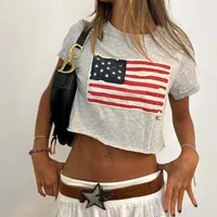 Street Style Short Sleeve T-Shirt Women's Cotton Crew Neck Print Flag Bore Hole Spicy Girl Cross-Border New Arrival