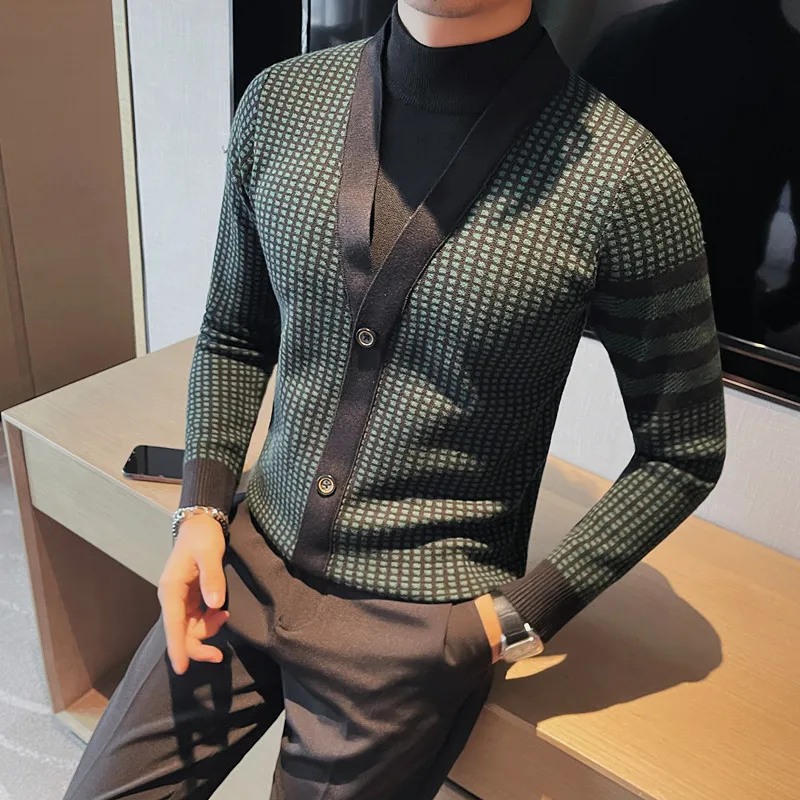 

Autumn Winter Men's Sweaters Casual Business Knitted Cardigan British Style Plaid Half High Neck Slim Fit Pullover Men Clothing