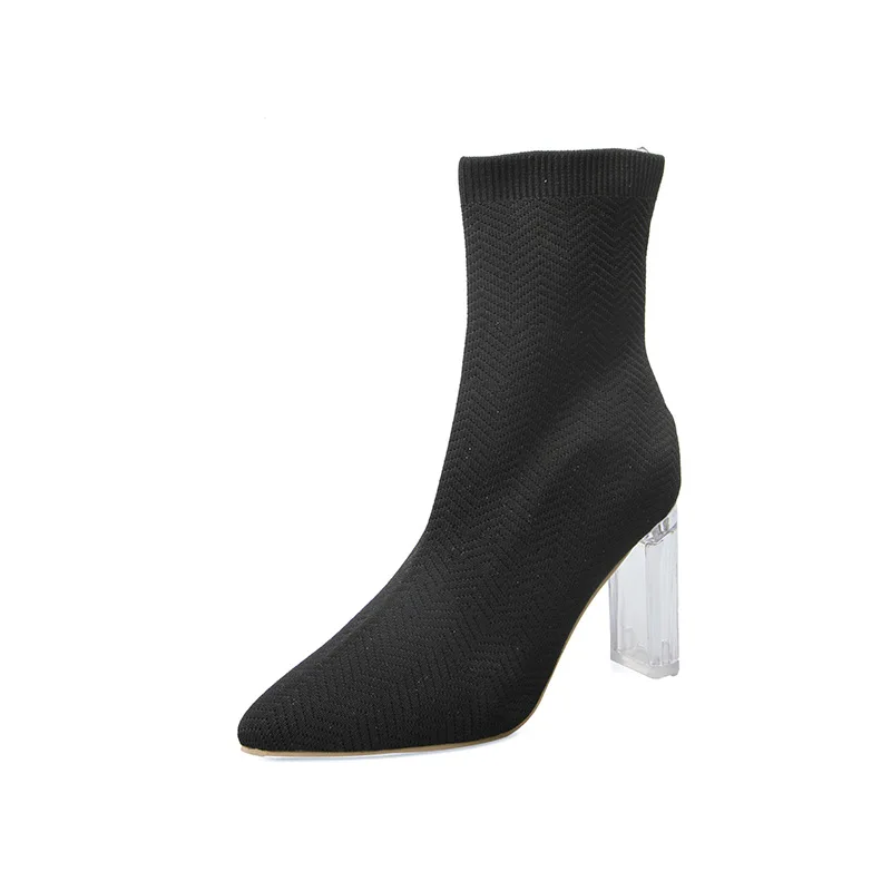 Spring and Autumn New Woven Black Women Boots Thick Heel Mid-tube Women's Fashion Elastic Pointed Toe Fashion Boots