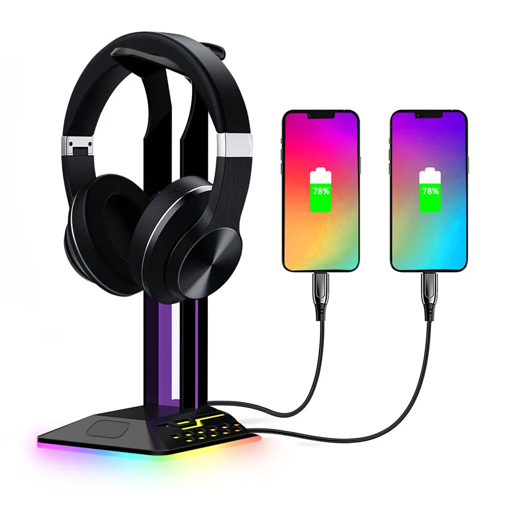 RGB 헤드폰 스탠드 오버이어 헤드셋 거치대 데스크탑 디스플레이 선반, 게이머 게임용 PC 액세서리 데스크, USB 포트 2 개