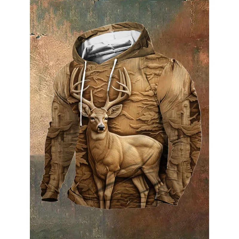 

Men's Retro Outdoor 3D Engraved Deer Hunting Print Hooded Sweatshirt