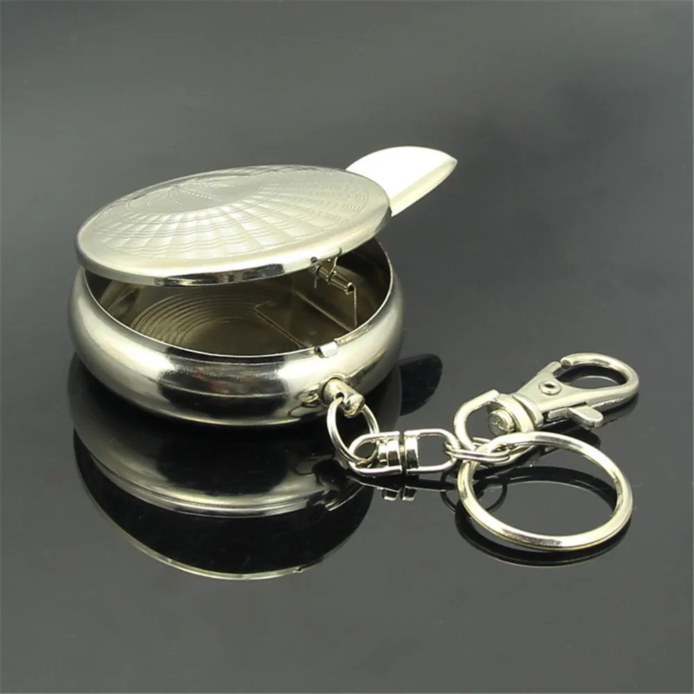 Mini Cigarette Ashtray with Key Chain Smoking Accessories Stainless Steel Portable Round Shaped Silver Cigarette Supplies
