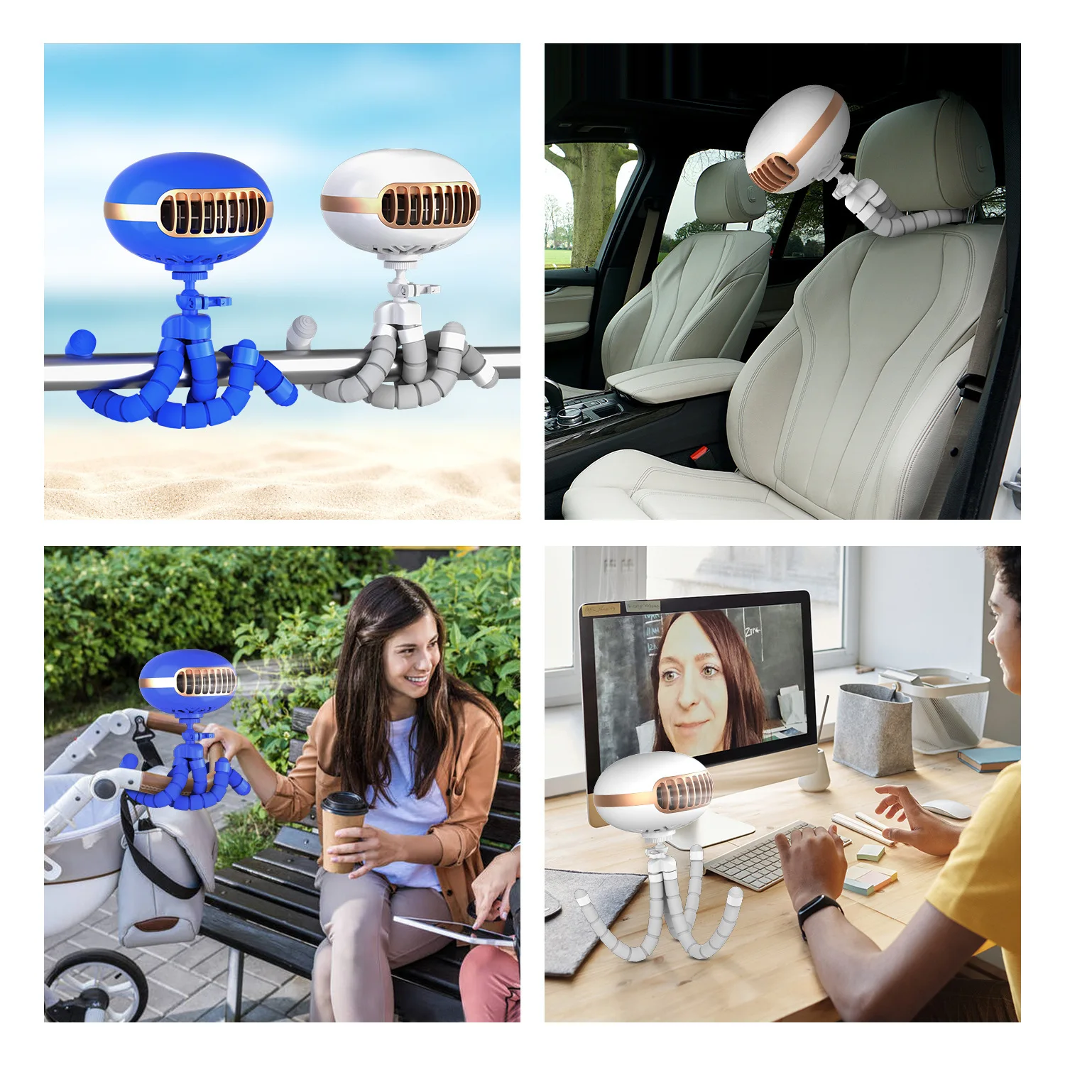 Mini Flexible Air Conditioner 3600mAh Chargeable Stroller Cooling Fan 130° Auto Rotation 4-gear Wind Handheld for Outdoors Quiet