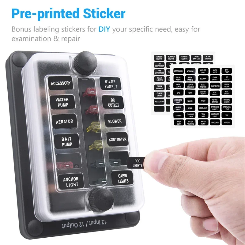 MICTUNING Car Fuse Box 1 Input 12 Output Block Holder Distribution Panel Board Waterproof Protection Cover Sticker Labels Tools