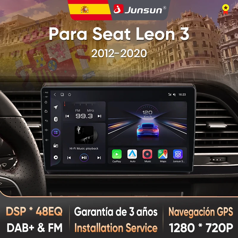 Radio para coche Junsun para Seat Leon Mk3 2012 2013-2020, CarPlay inalámbrico, Android Auto, sistemas inteligentes, pantalla táctil IPS/QLED, cámara 360, DSP, navegación GPS, WiFi, DAB+ RDS, FM/RAM, BT, SWC, Plug and Play, 2DIN, WiFi, 4G, estéreo multimedia 1