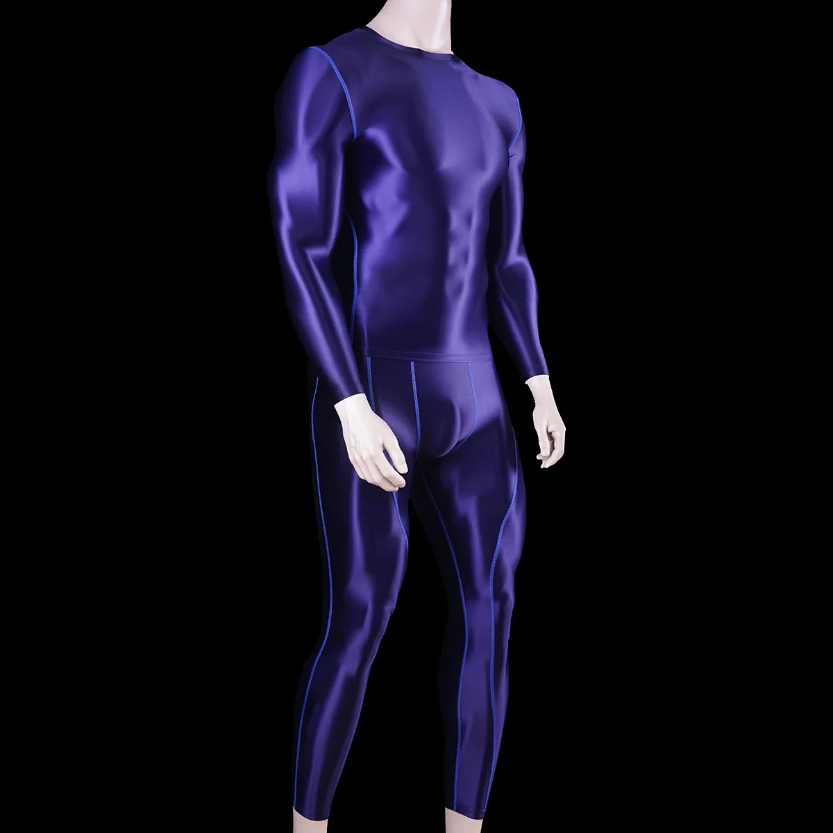 sexy Men Tracksuits Sets Tights Tops + Leggings Shiny Glossy Sports Fitness Running Cycling All-purpose body suits