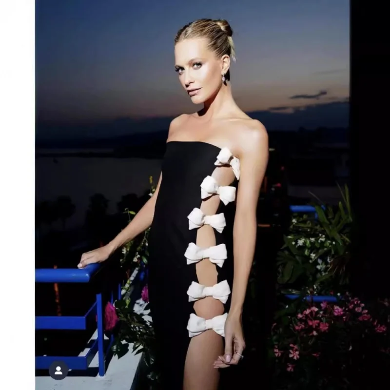 

Cross-Border white bow sexy strapless black long dress ladies party cocktail party bandage dress