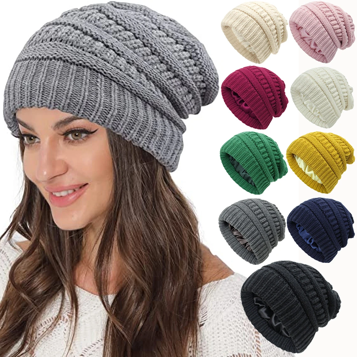 Silk Satin Lined Chunky Cap Women Men Unisex Knitted Baggy Beanie Hat Winter Warm Hats Slouchy Skullies Wool Beanies Winter Cap best beanies