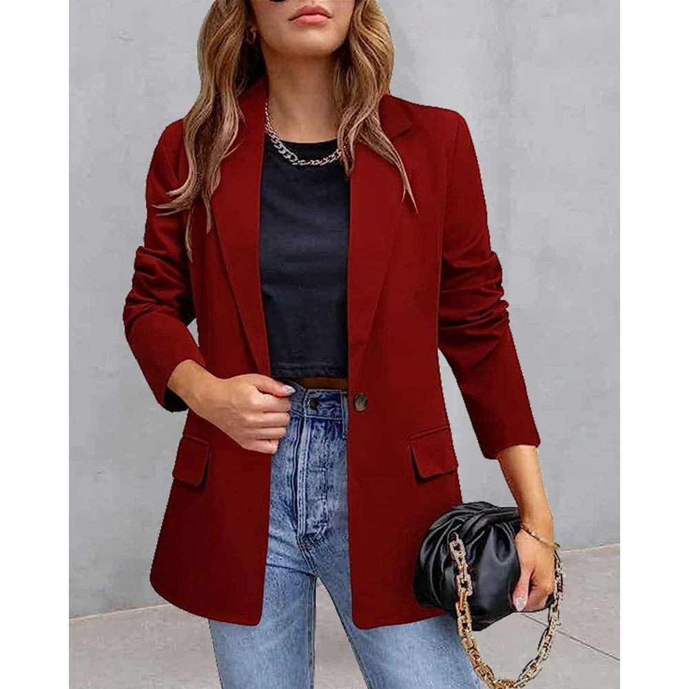 Spring Fashion Women Nothched Collar Single Button Solid Color Blazer Coat Femme Casual Jackets Elegant Work Wear Outfits