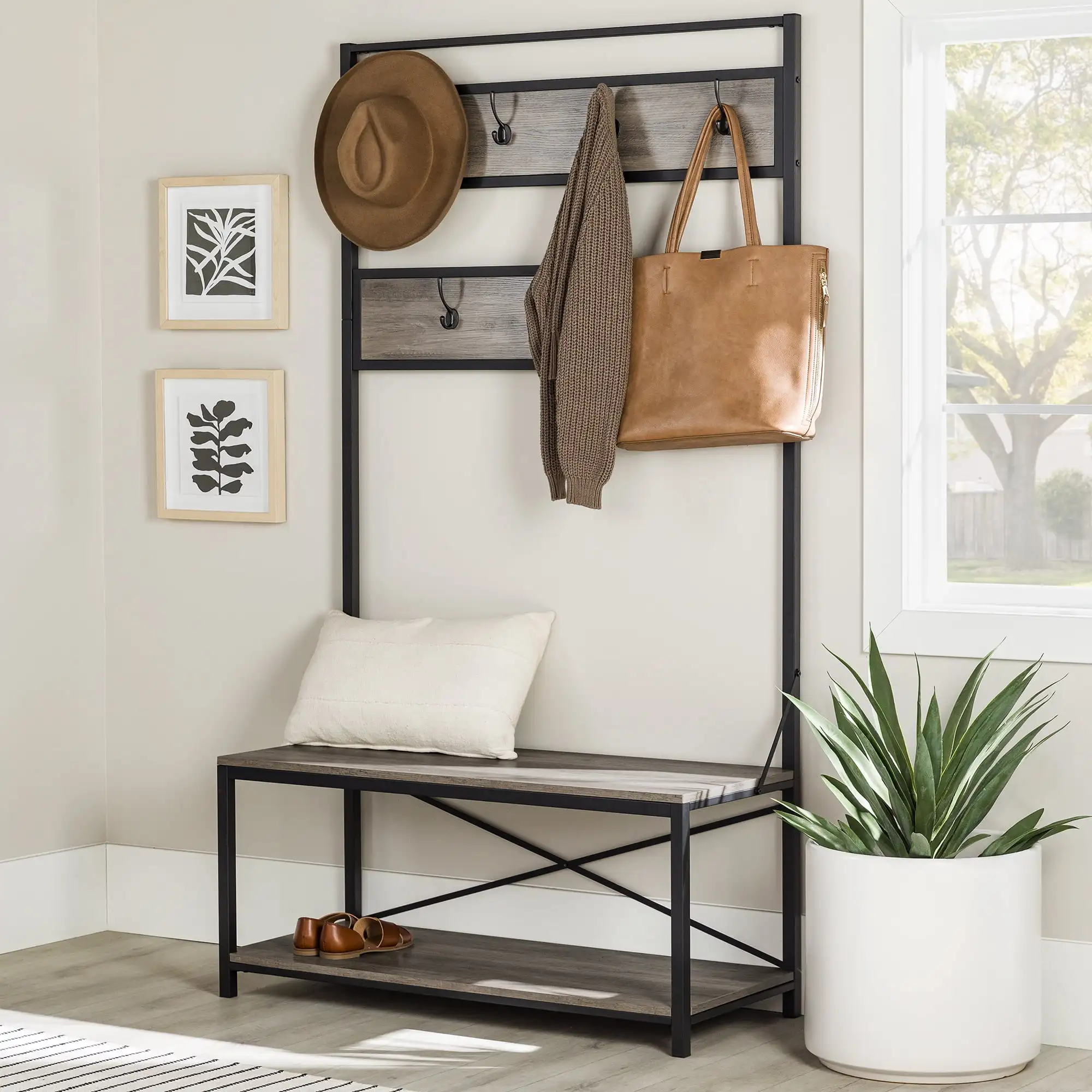 

Walker Edison Industrial Hall Tree with Bench and Coat Hooks, Grey Wash