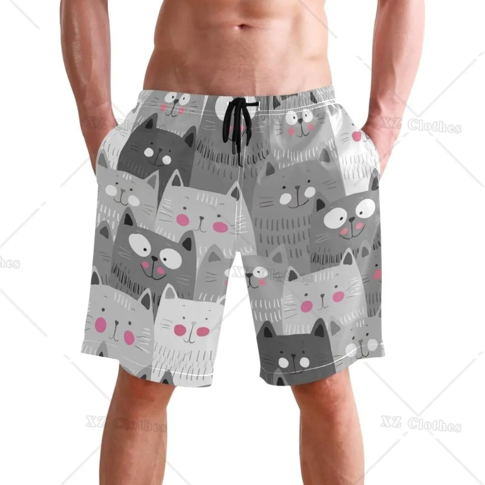 

Cats Print Grey Beach Shorts Stylish Men's Swim Trunks Quick Dry Beachwear Sports Running Swim Shorts Bathing Suits