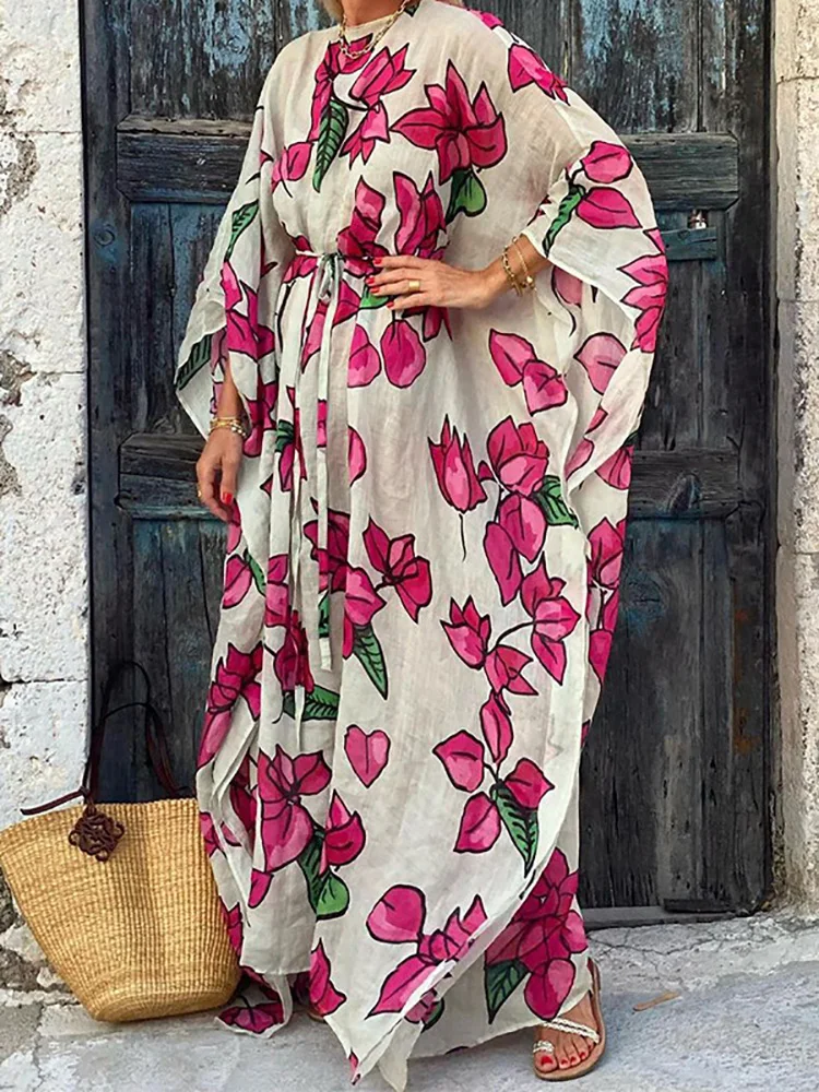 

Round Neck Women Print Bohemian Dress Casual Loose Fit Streetwear Holiday Maxi Dress Lady Patchwork Lacing Up Floor-Length Dress