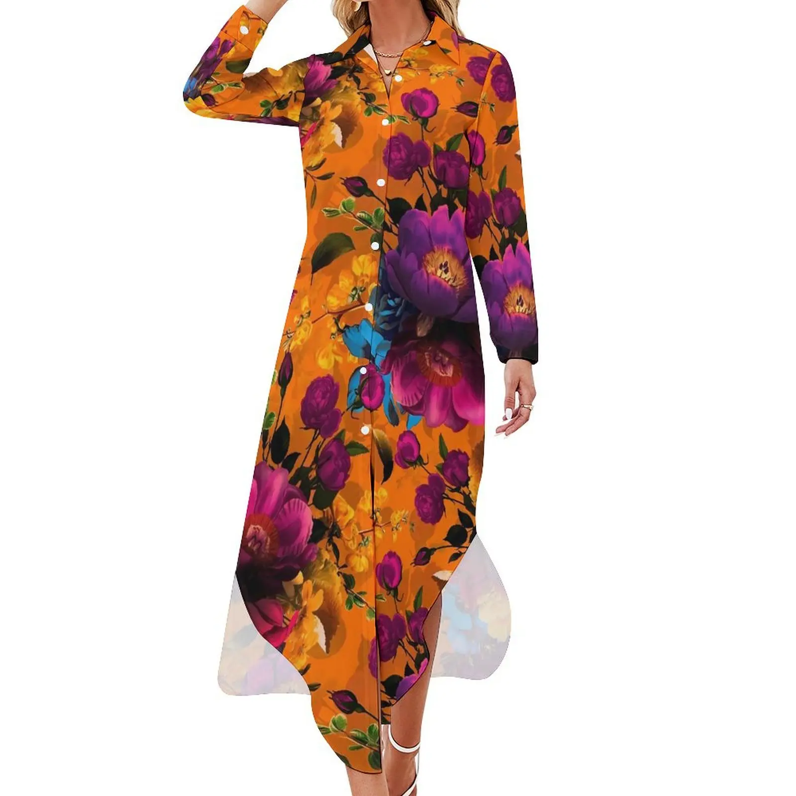 

Retro Flower Print Casual Dress Mystic Botanical Stylish Dresses Long Sleeve Beach Women V Neck Design Oversize Chiffon Dress