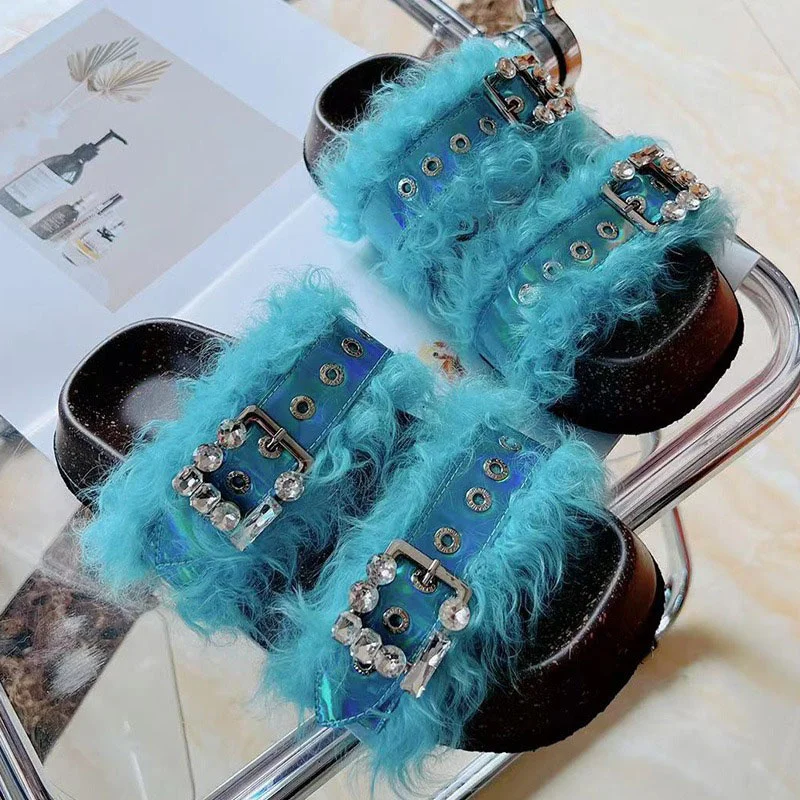Autumn European Station New Women's Casual Slippers Korean Version Of The Trend Wool Rhinestone Home Fashion Fur Sandals 2023
