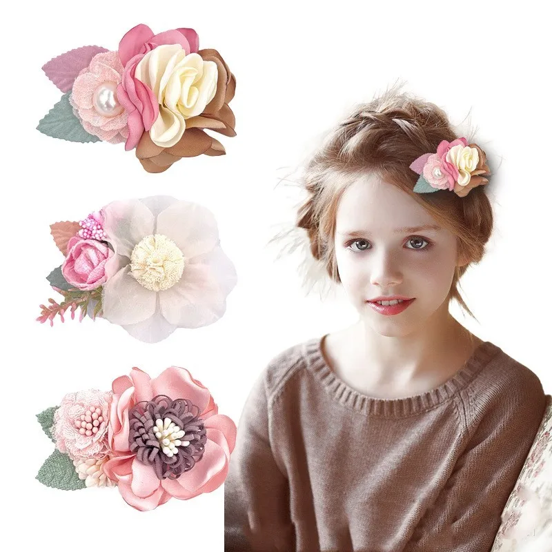 New European Children's Flowers Hair Clip Simulation Flower Leaves